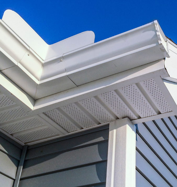 Corner of soffit with gutter splash guard