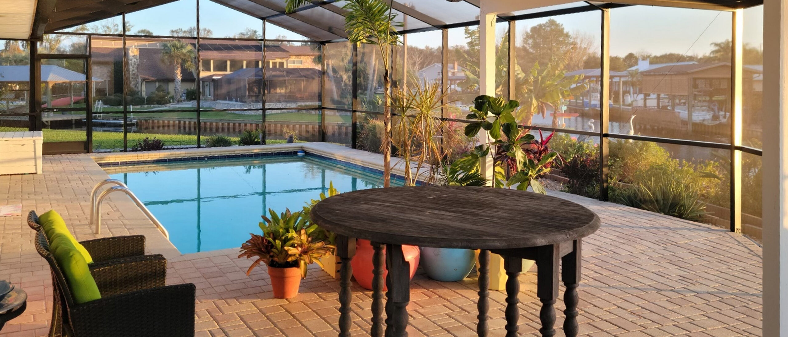 screened in pool area with plants and table